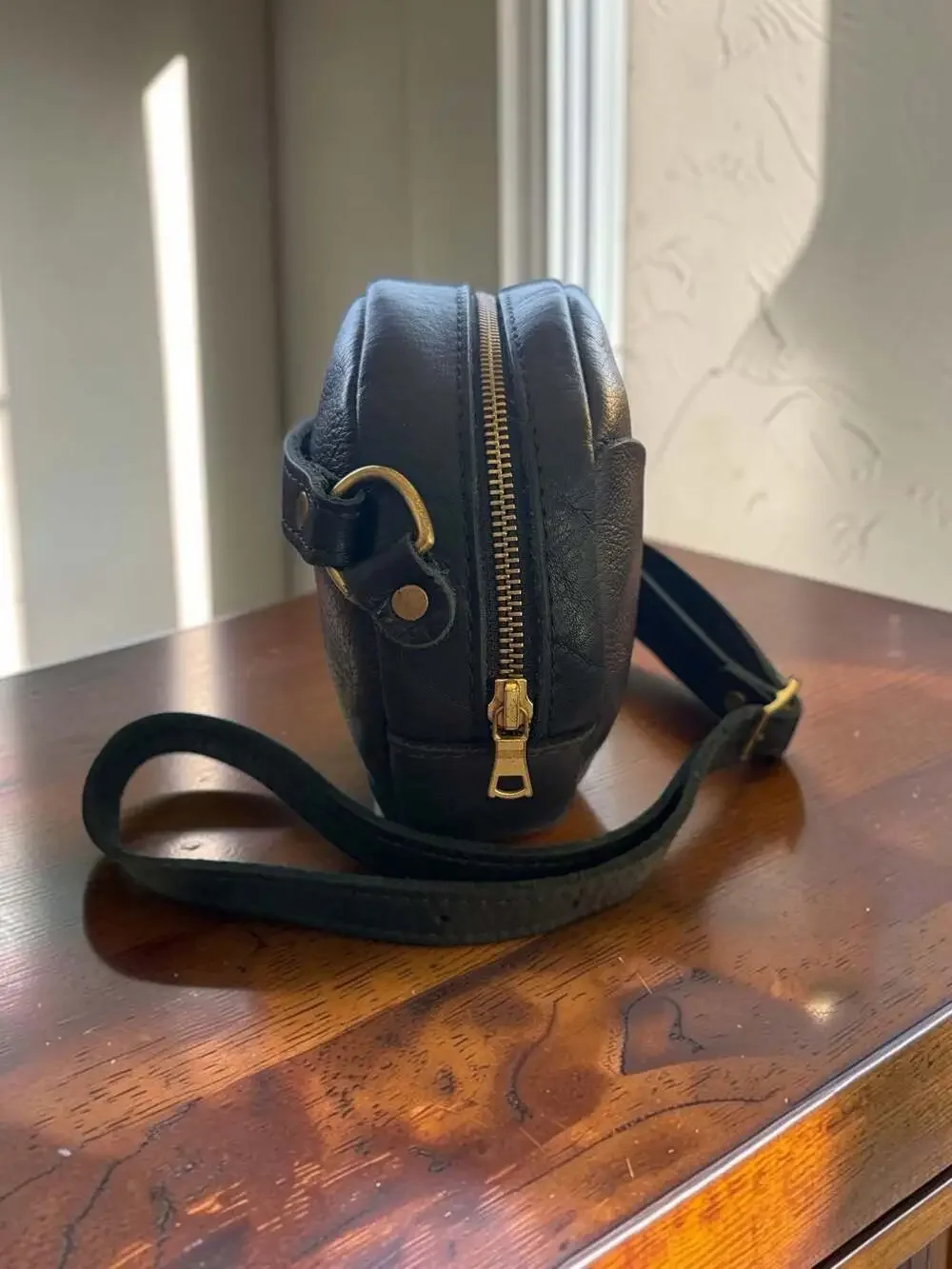 Portland Leather Goods Black Leather Circle Crossbody Bag